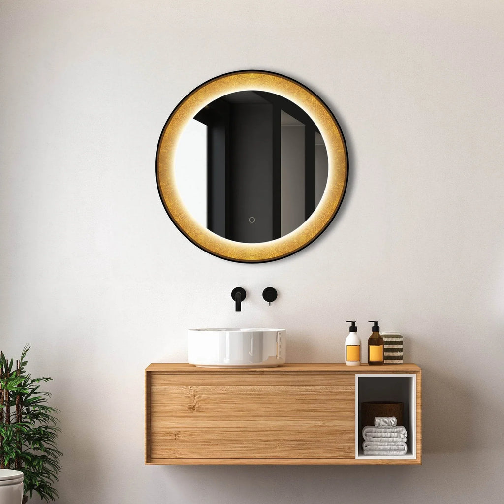 Round LED Lighted Mirror with Gold Frosted Border