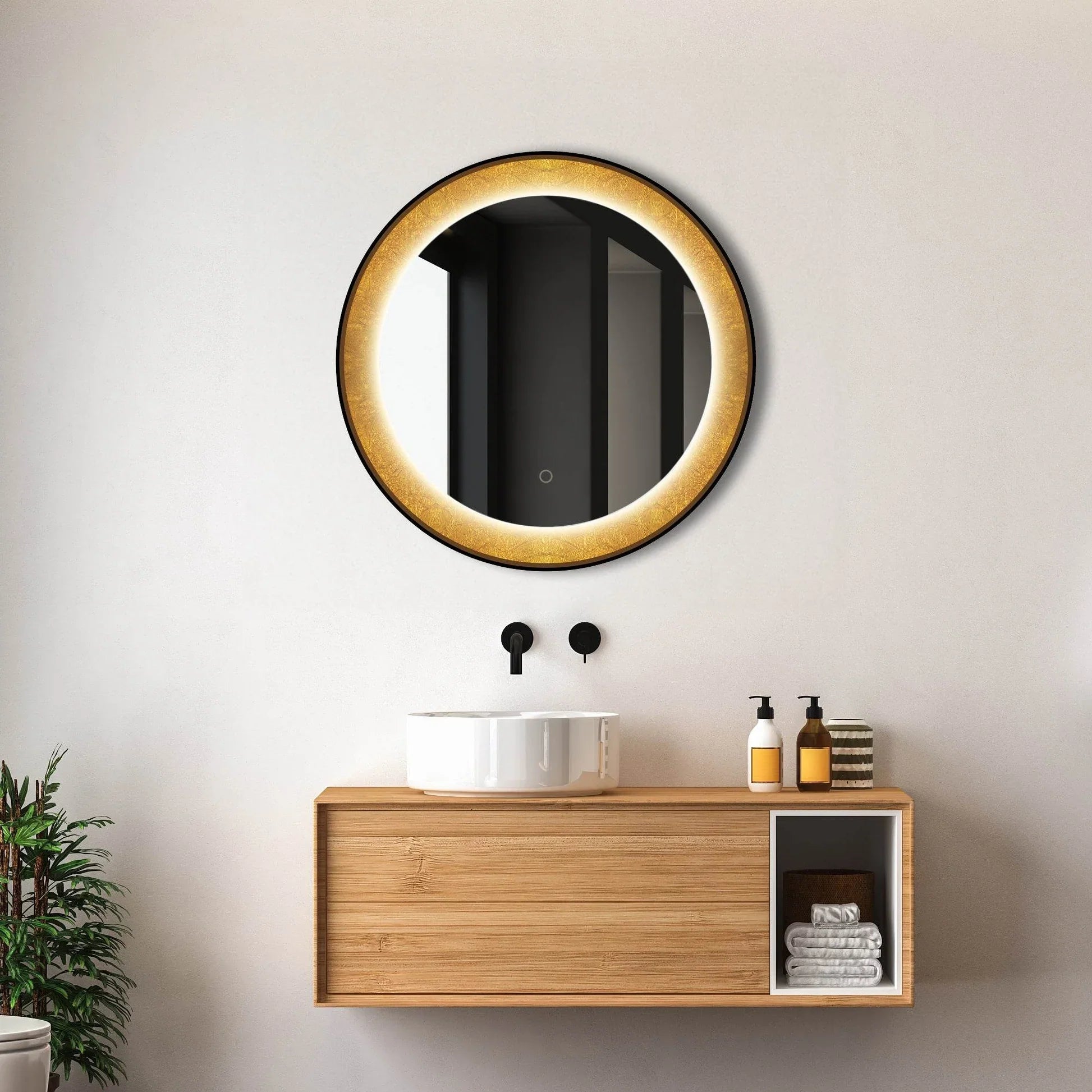 Round LED Lighted Mirror with Gold Frosted Border