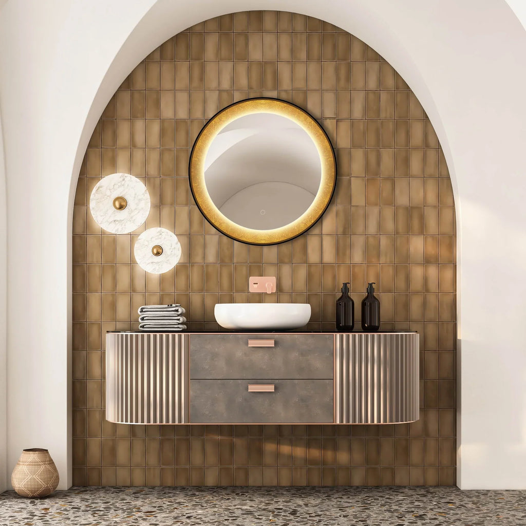 Round LED Lighted Mirror with Gold Frosted Border