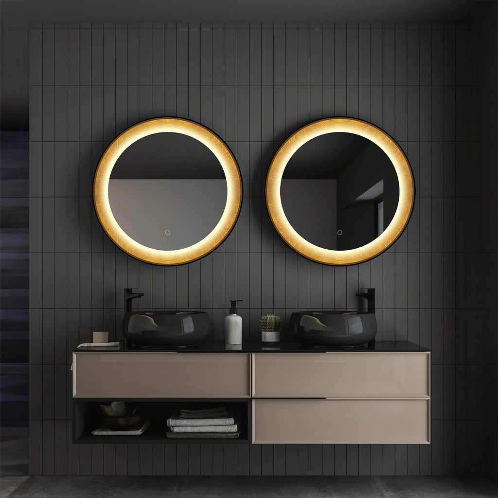 Round LED Lighted Mirror with Gold Frosted Border