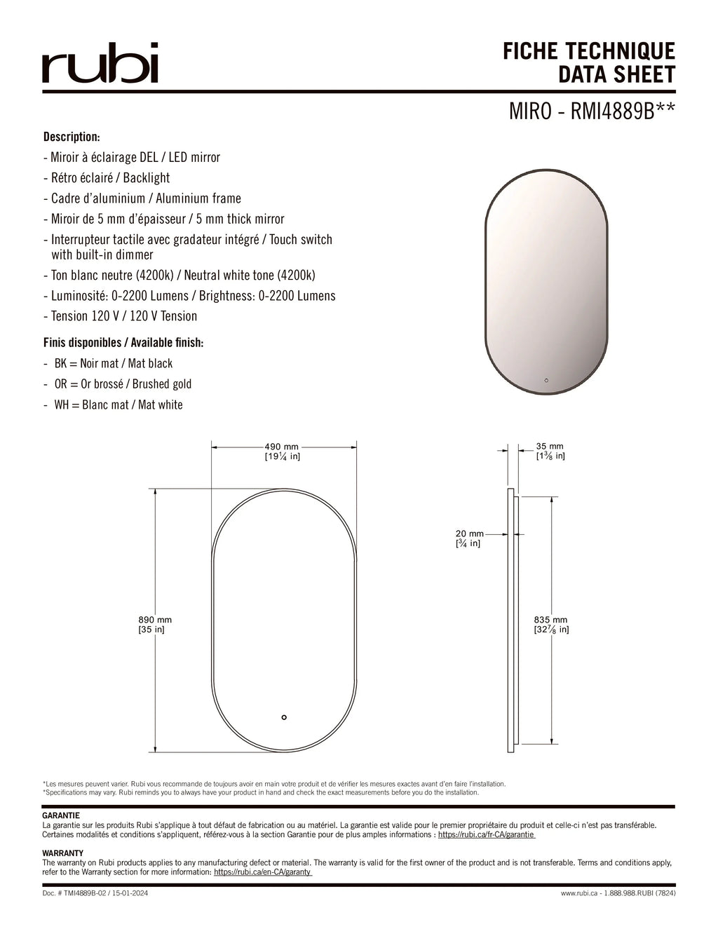 RUBI Miro Oval Backlit LED Mirror with Black Frame