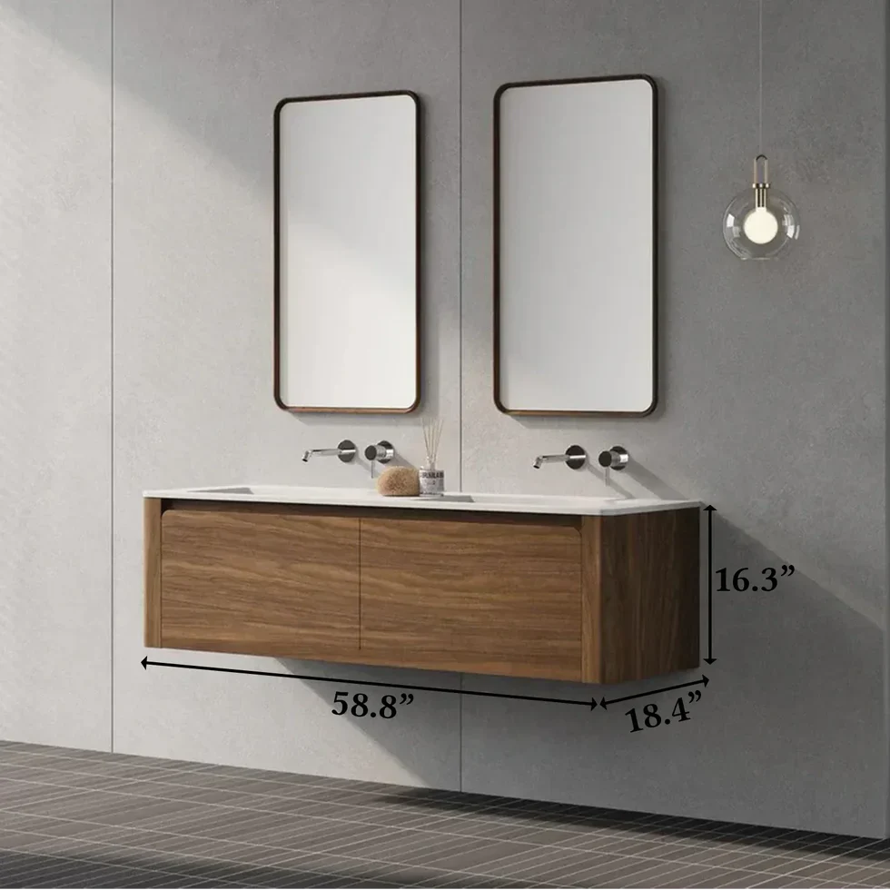 Walnut Wall Mount Double Sink Bathroom Vanity
