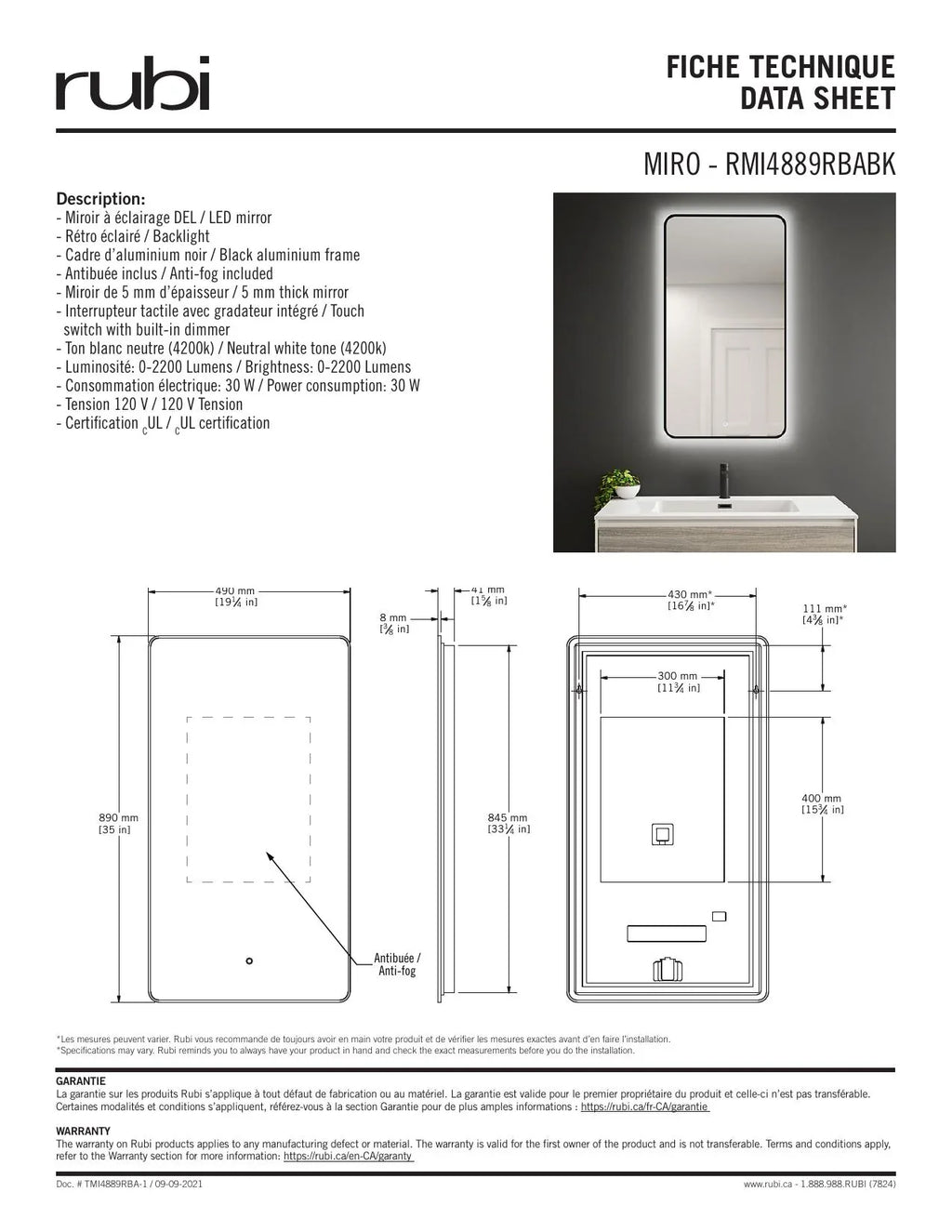 RUBI Miro Rectangular Backlit LED Mirror with Black Frame
