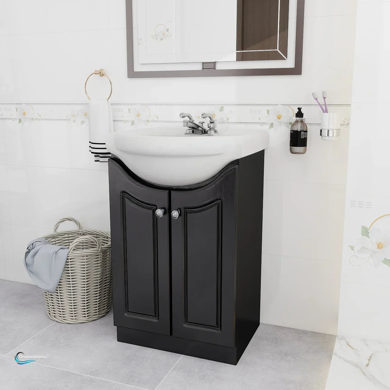 Semi-Contemporary Euro Vanity in Satin Black with Ceramic Vanity Top in White