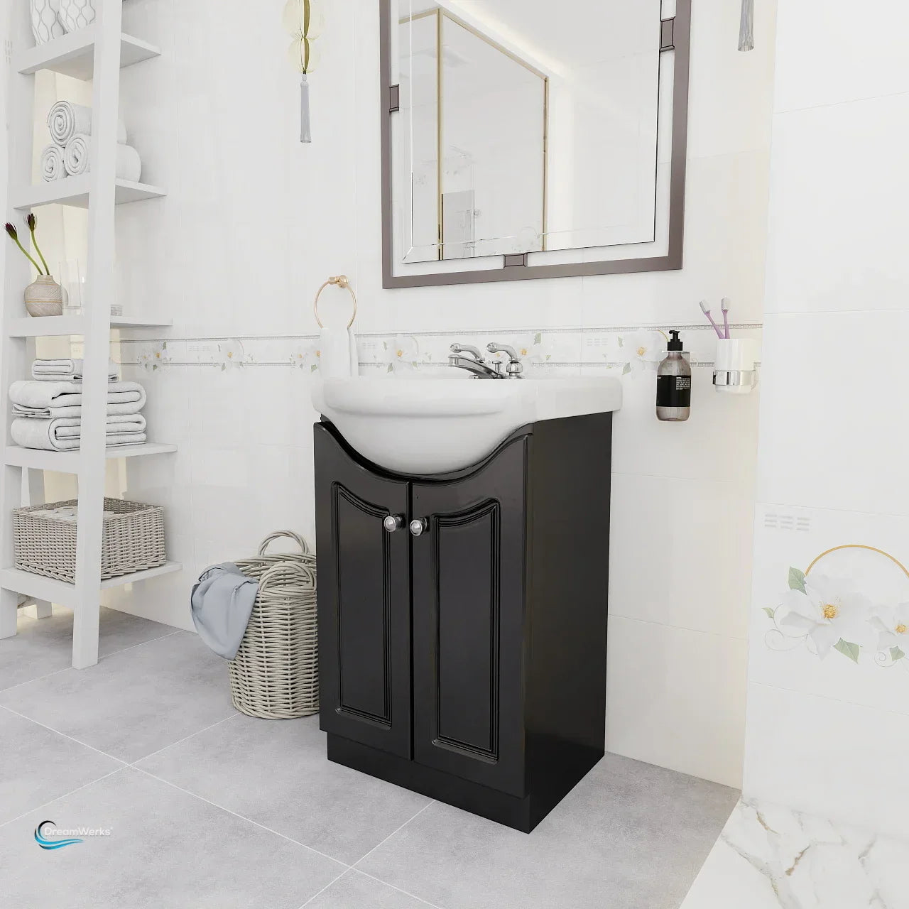 Semi-Contemporary Euro Vanity in Satin Black with Ceramic Vanity Top in White