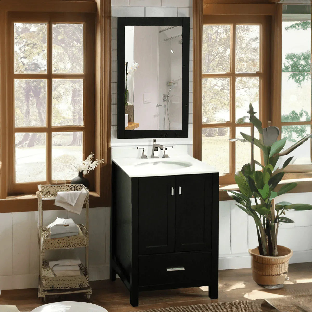 Black Vanity with Marble Vanity Top and Mirror