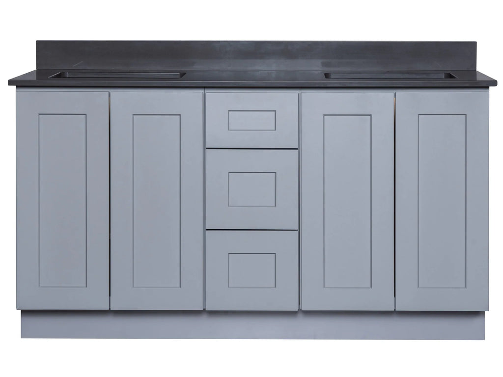 Double Sink Bathroom Vanity in Grey with Four Full Length Doors