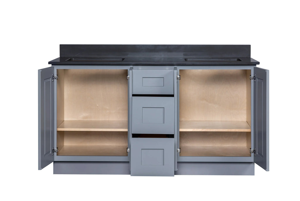 Double Sink Bathroom Vanity in Grey with Four Full Length Doors