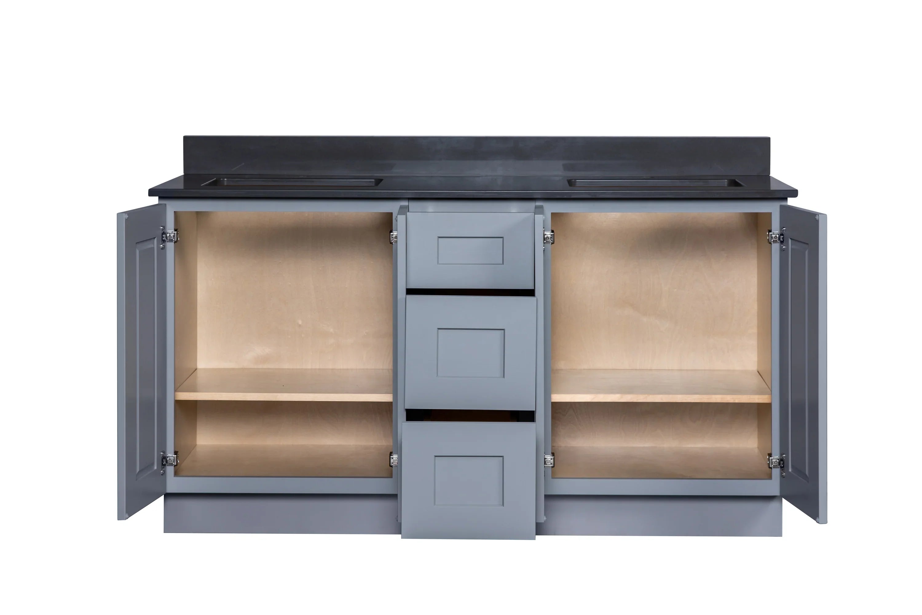 Double Sink Bathroom Vanity in Grey with Four Full Length Doors