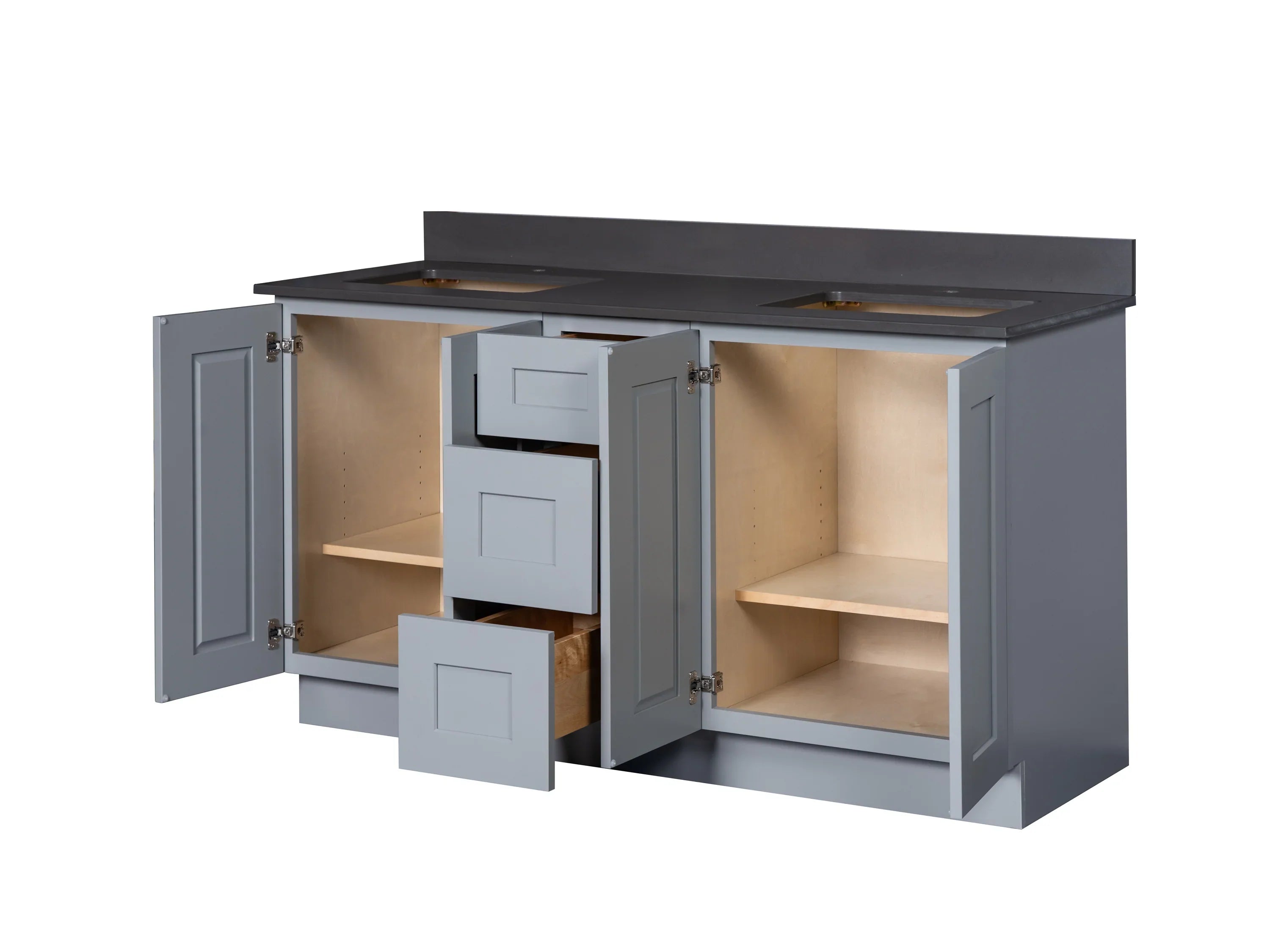 Double Sink Bathroom Vanity in Grey with Four Full Length Doors