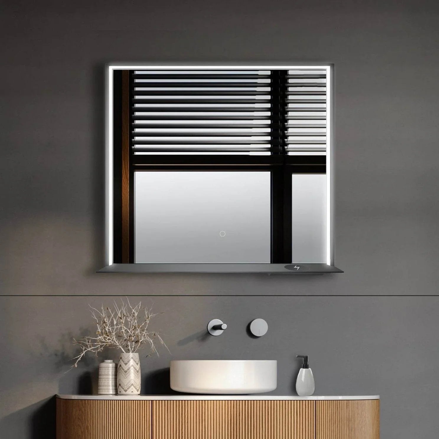 Allegra 36"W x 32"H Framed LED Mirror with Bluetooth Speaker and Wireless Cell Phone Charger