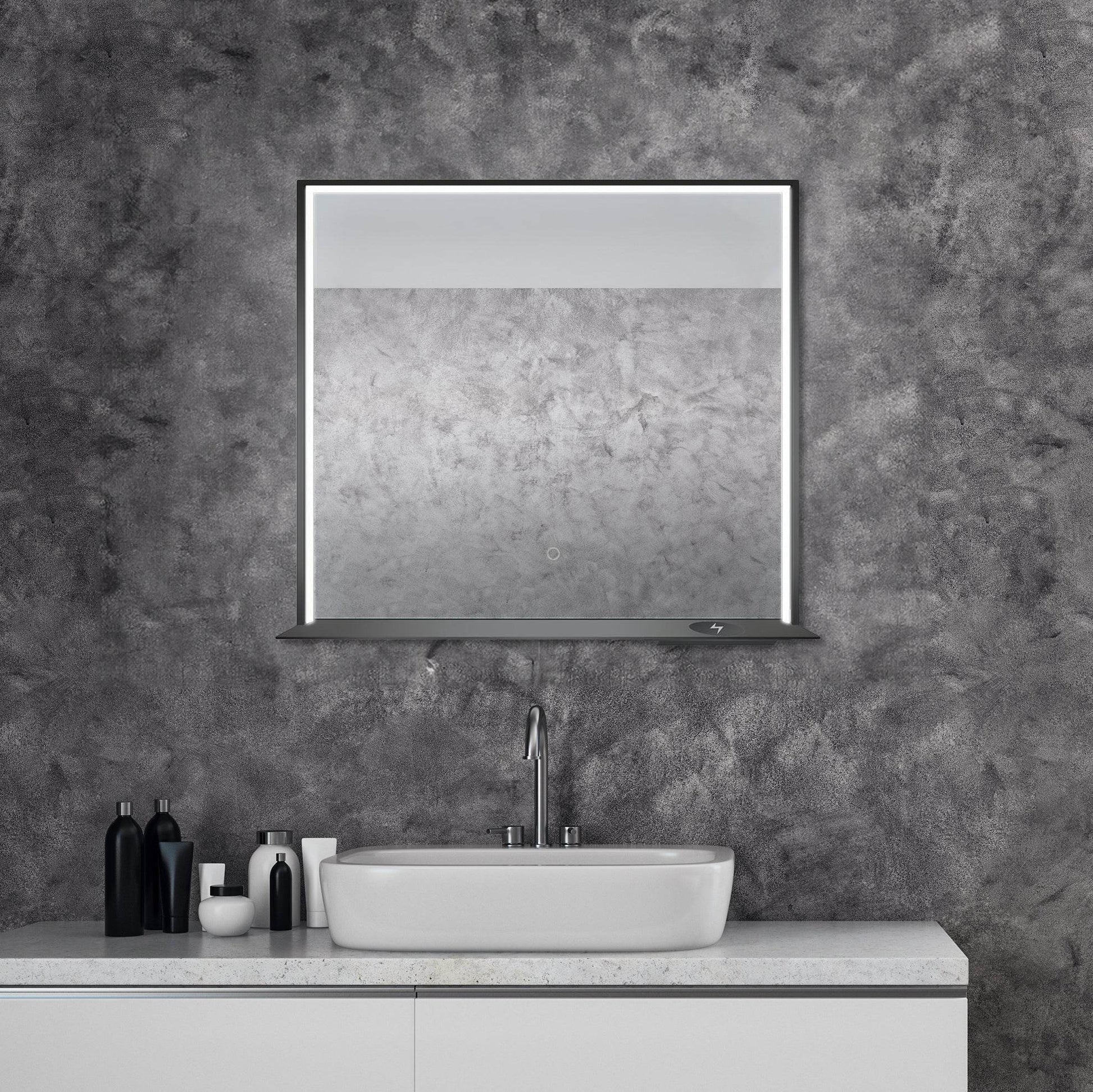 Allegra 36"W x 32"H Framed LED Mirror with Bluetooth Speaker and Wireless Cell Phone Charger