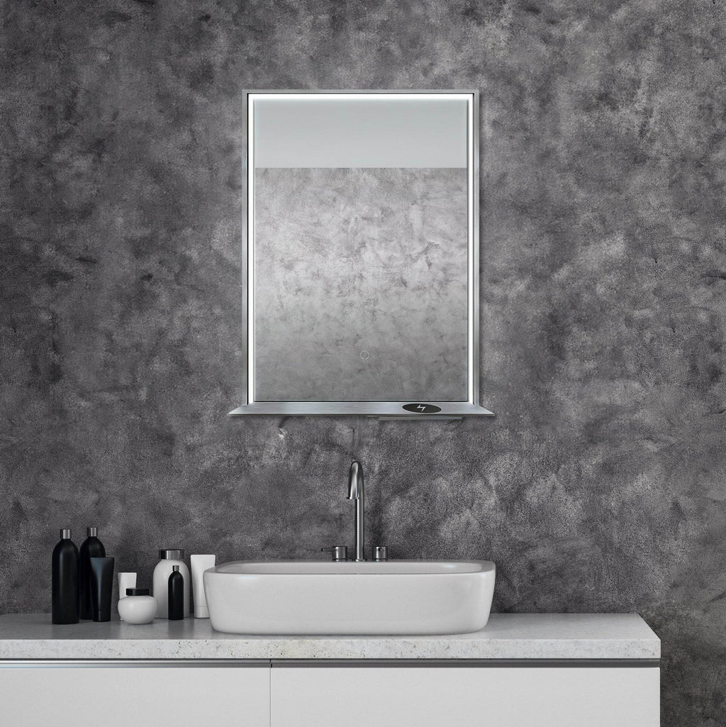 Framed LED Mirror with Bluetooth Speaker and Wireless Cell Phone Charger; Available in 3 colors