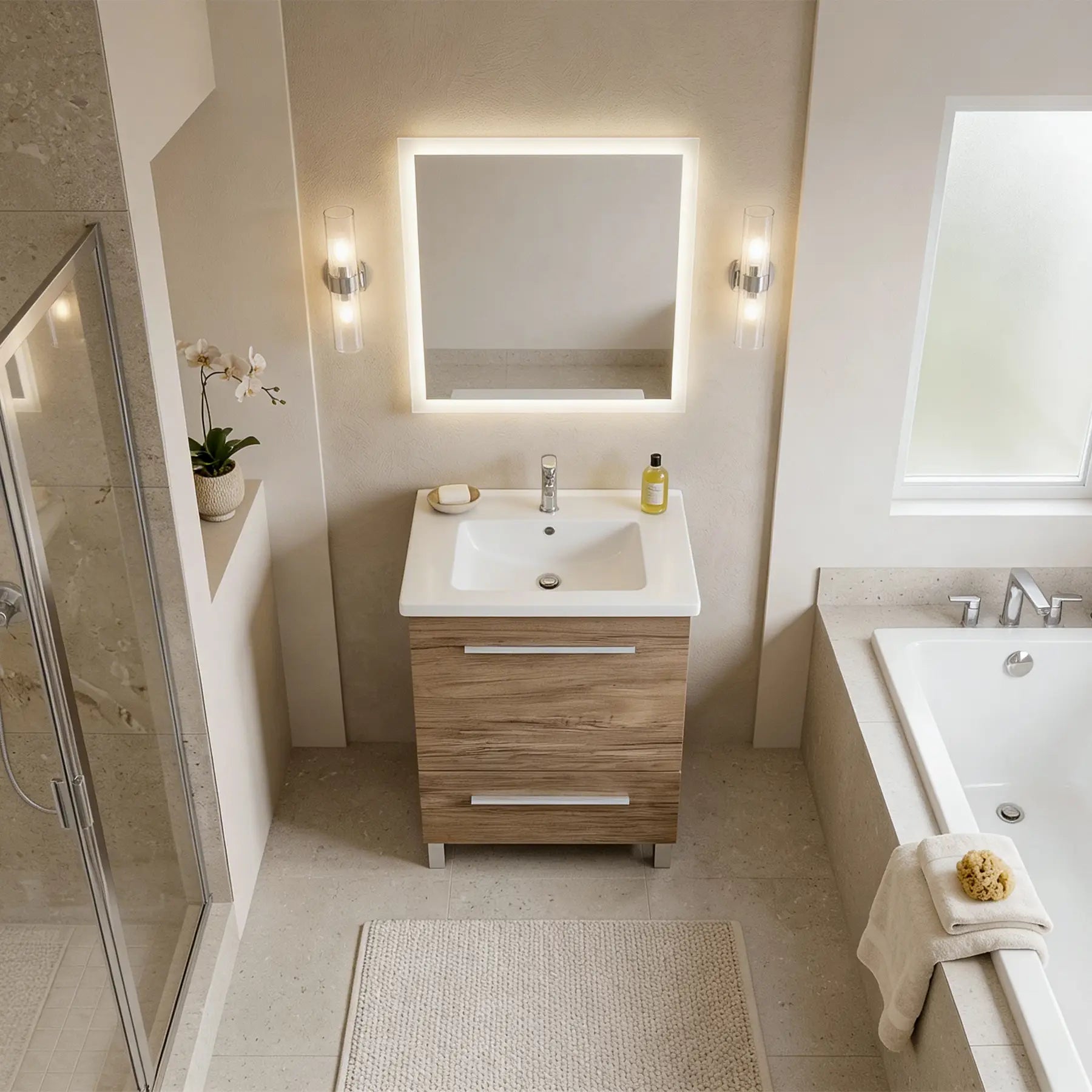 Vanity in Natural Woodgrain Finish with Ceramic Vanity Top