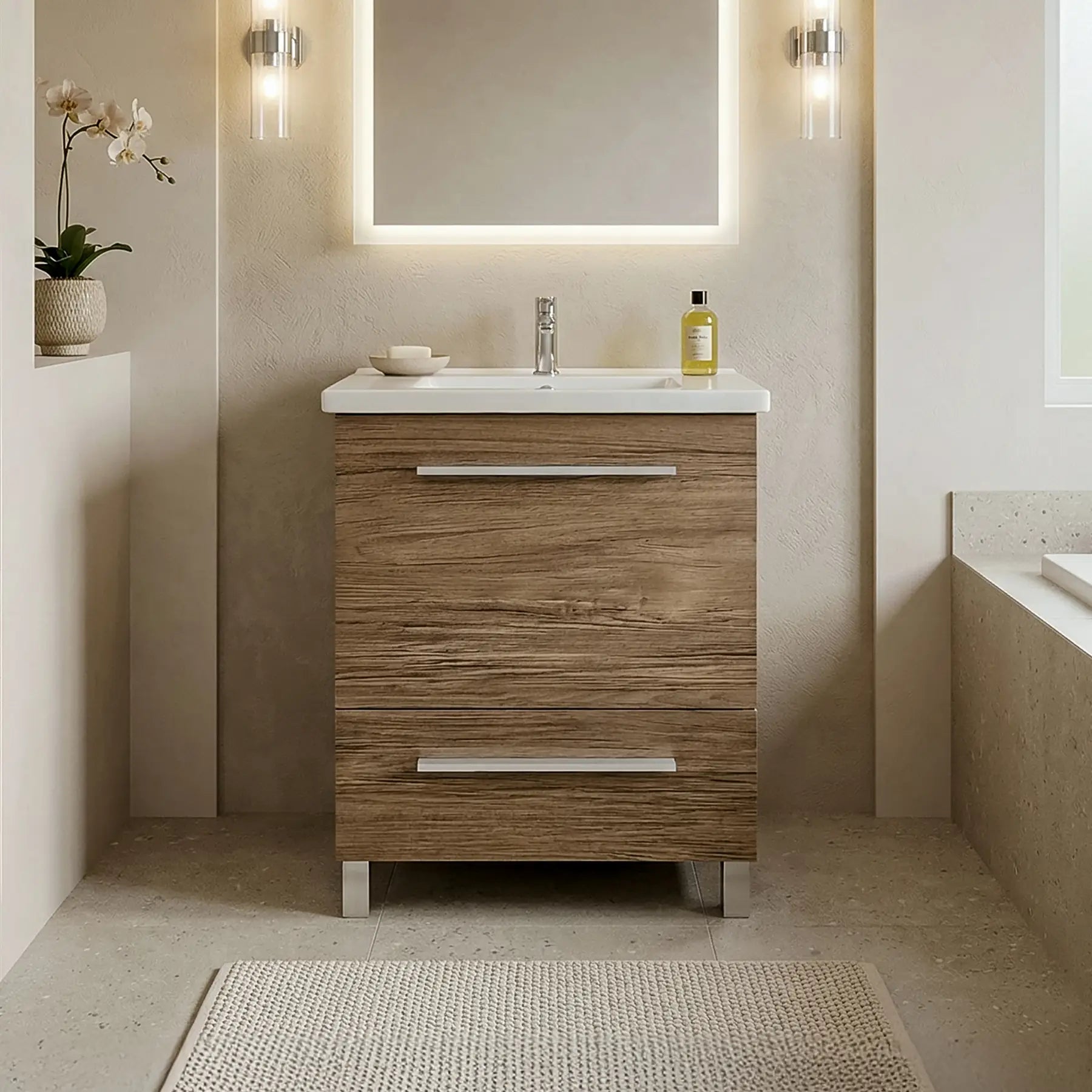 Vanity in Natural Woodgrain Finish with Ceramic Vanity Top