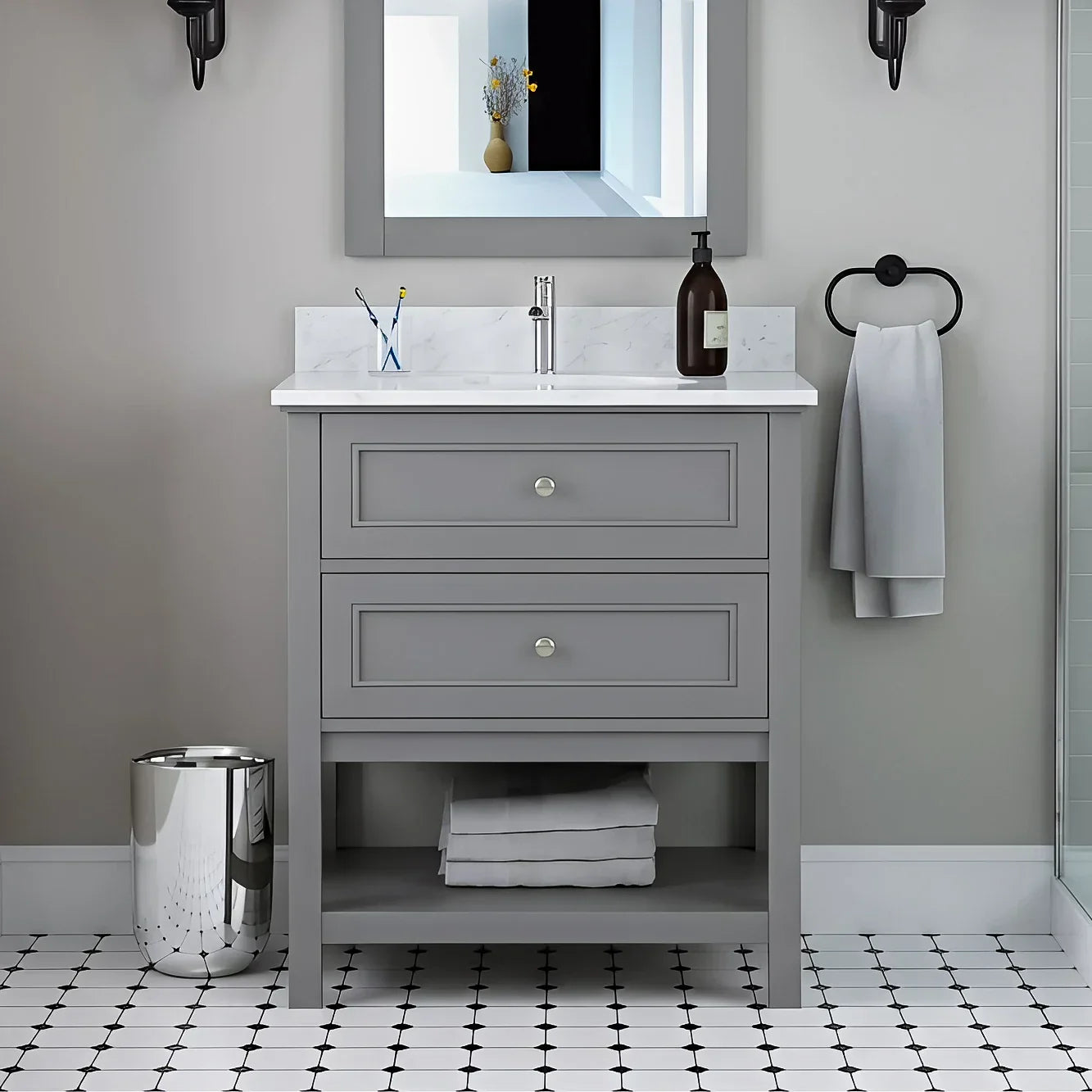 Vanity In Gray With Ceramic Vanity Top