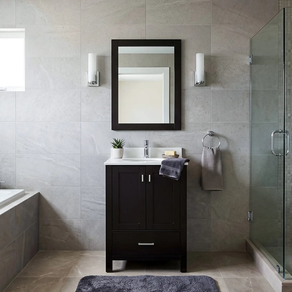 Black Vanity with Marble Vanity Top and Mirror