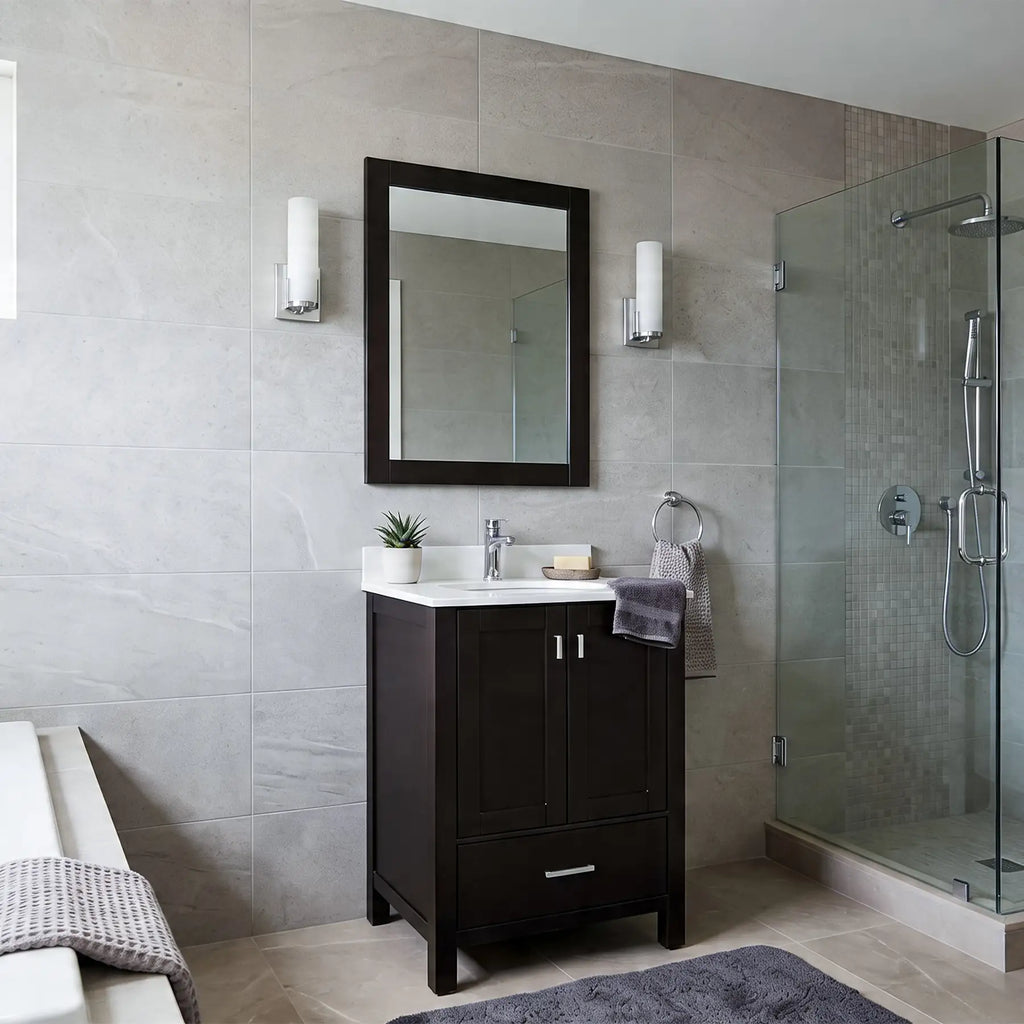 Black Vanity with Marble Vanity Top and Mirror