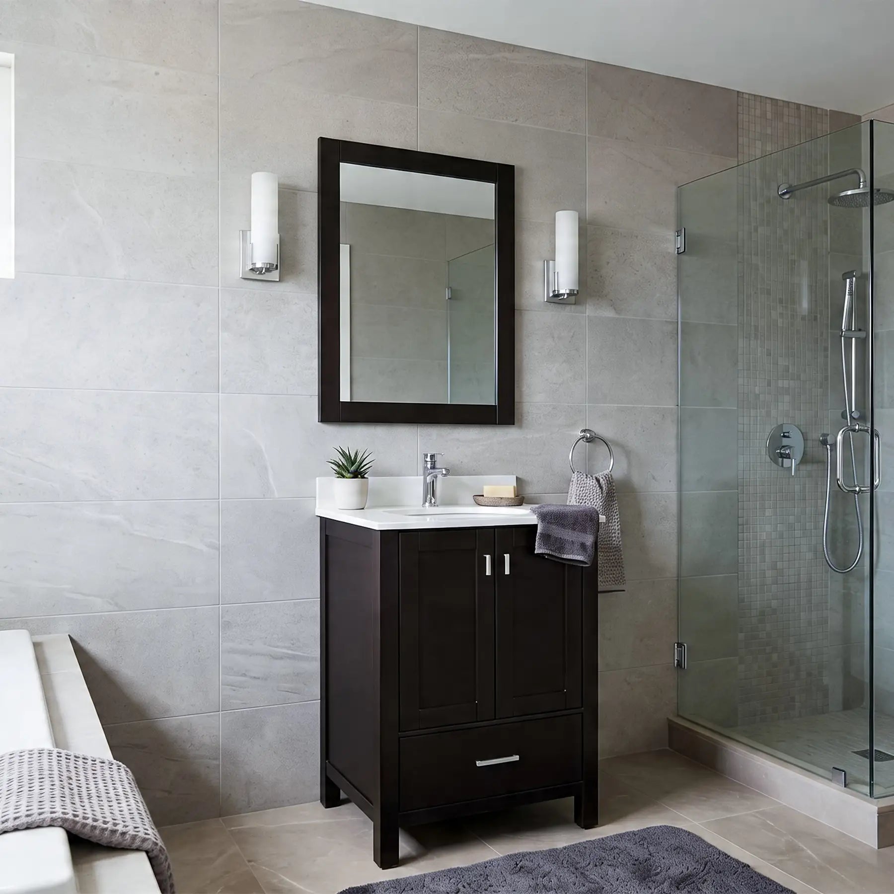 Black Vanity with Marble Vanity Top and Mirror