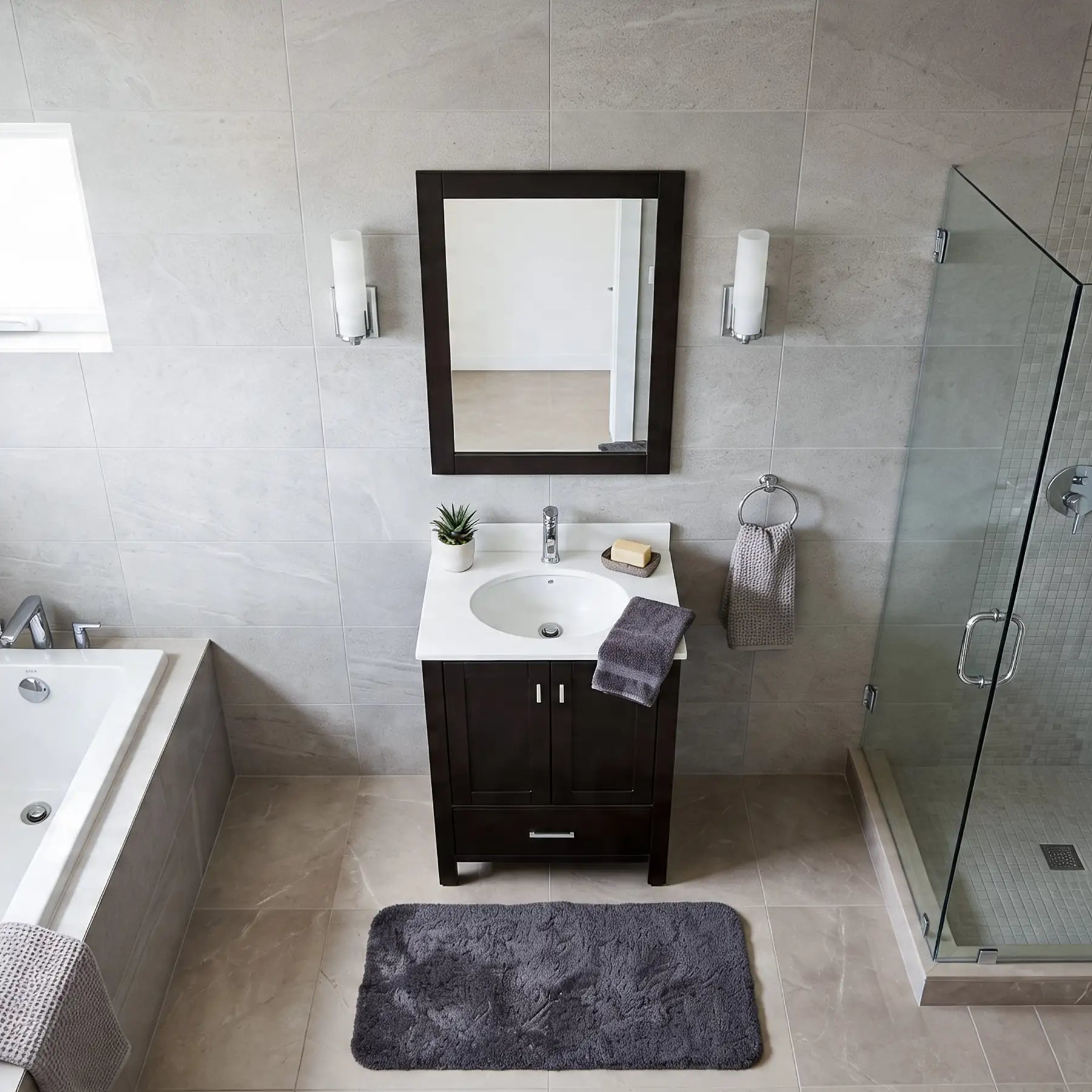 Black Vanity with Marble Vanity Top and Mirror