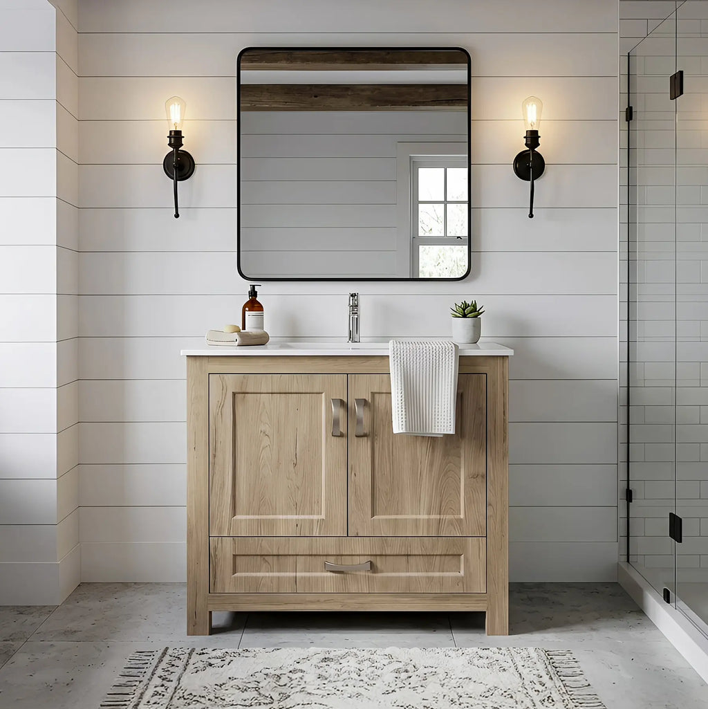 Livorno Vanity with White Ceramic Vanity Top in Woodgrain Finish