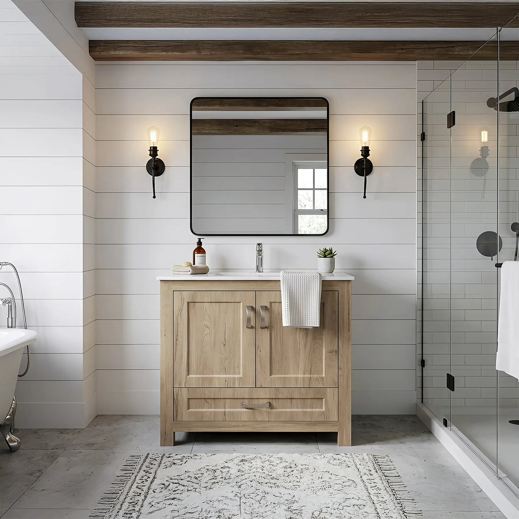 Livorno Vanity with White Ceramic Vanity Top in Woodgrain Finish