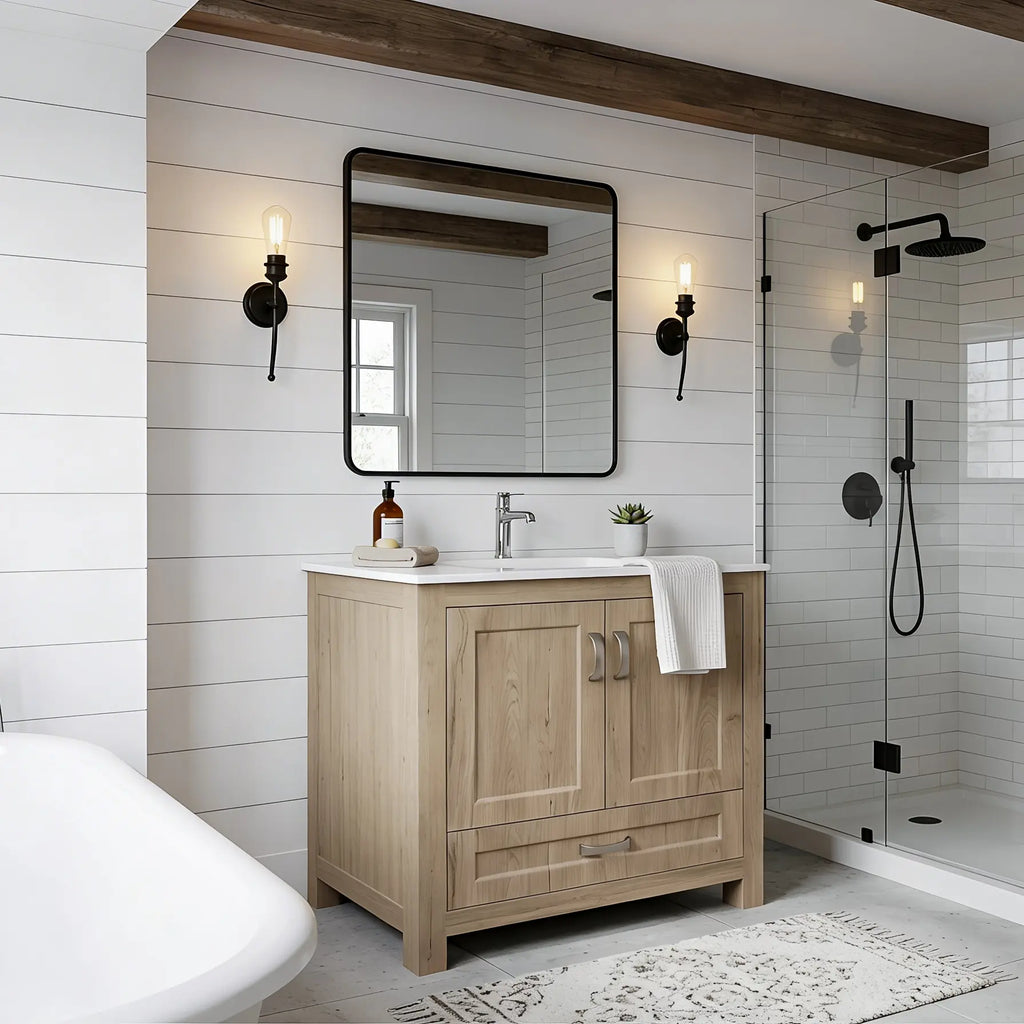Livorno Vanity with White Ceramic Vanity Top in Woodgrain Finish