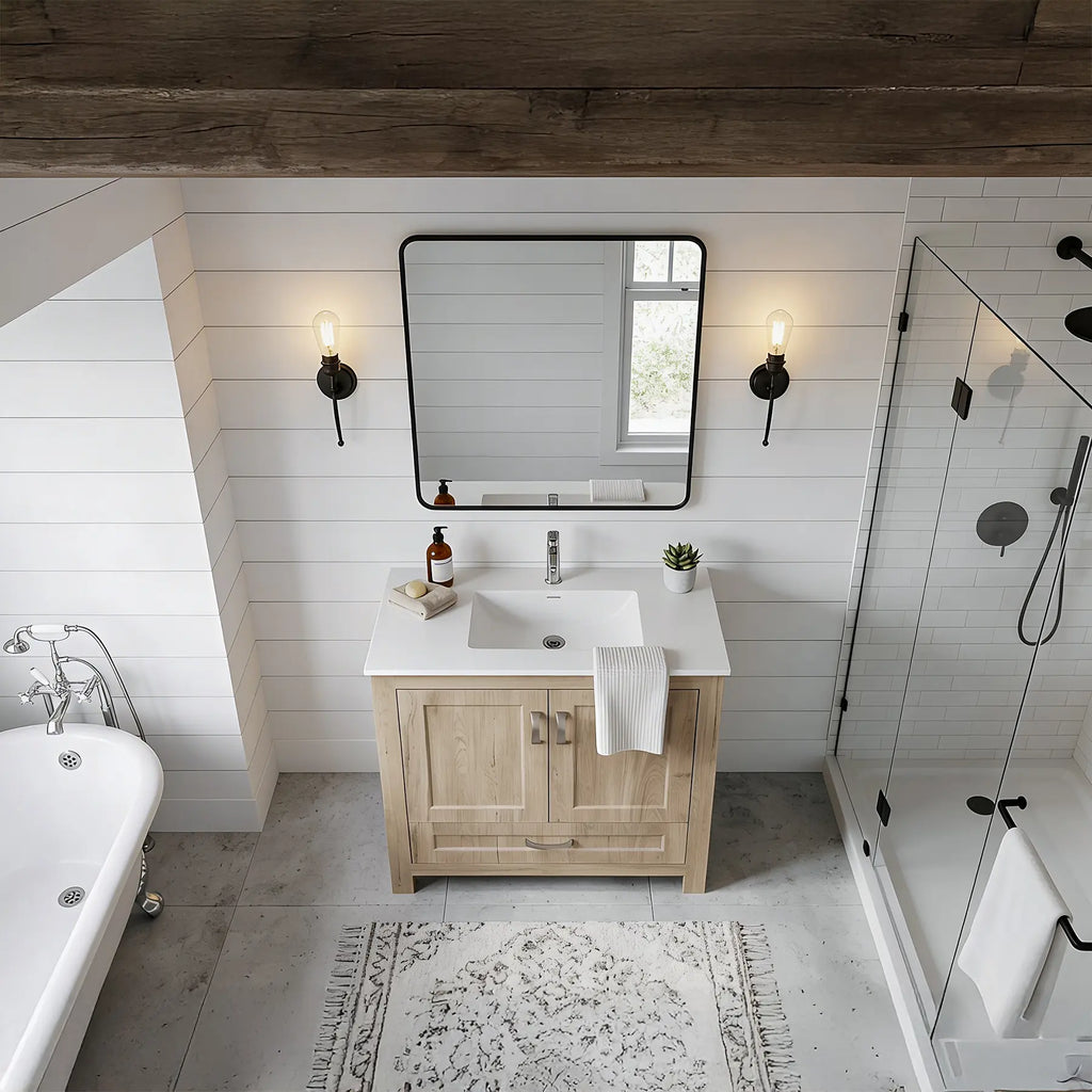 Livorno Vanity with White Ceramic Vanity Top in Woodgrain Finish