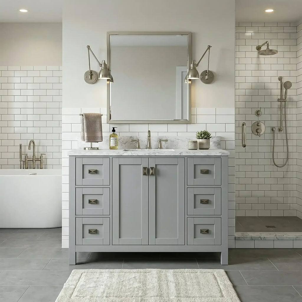 Bathroom Vanities and White Carrara Marble Vanity Top with Rectangular Undermount Bowls
