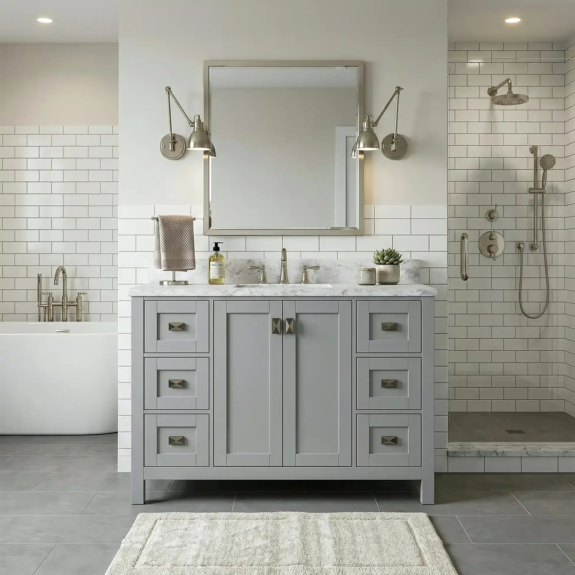Bathroom Vanities and White Carrara Marble Vanity Top with Rectangular Undermount Bowls