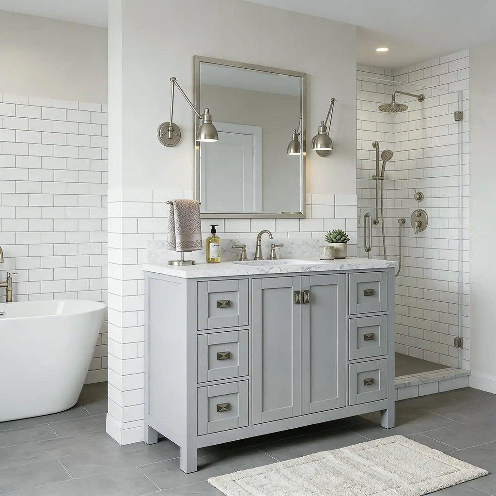 Bathroom Vanities and White Carrara Marble Vanity Top with Rectangular Undermount Bowls