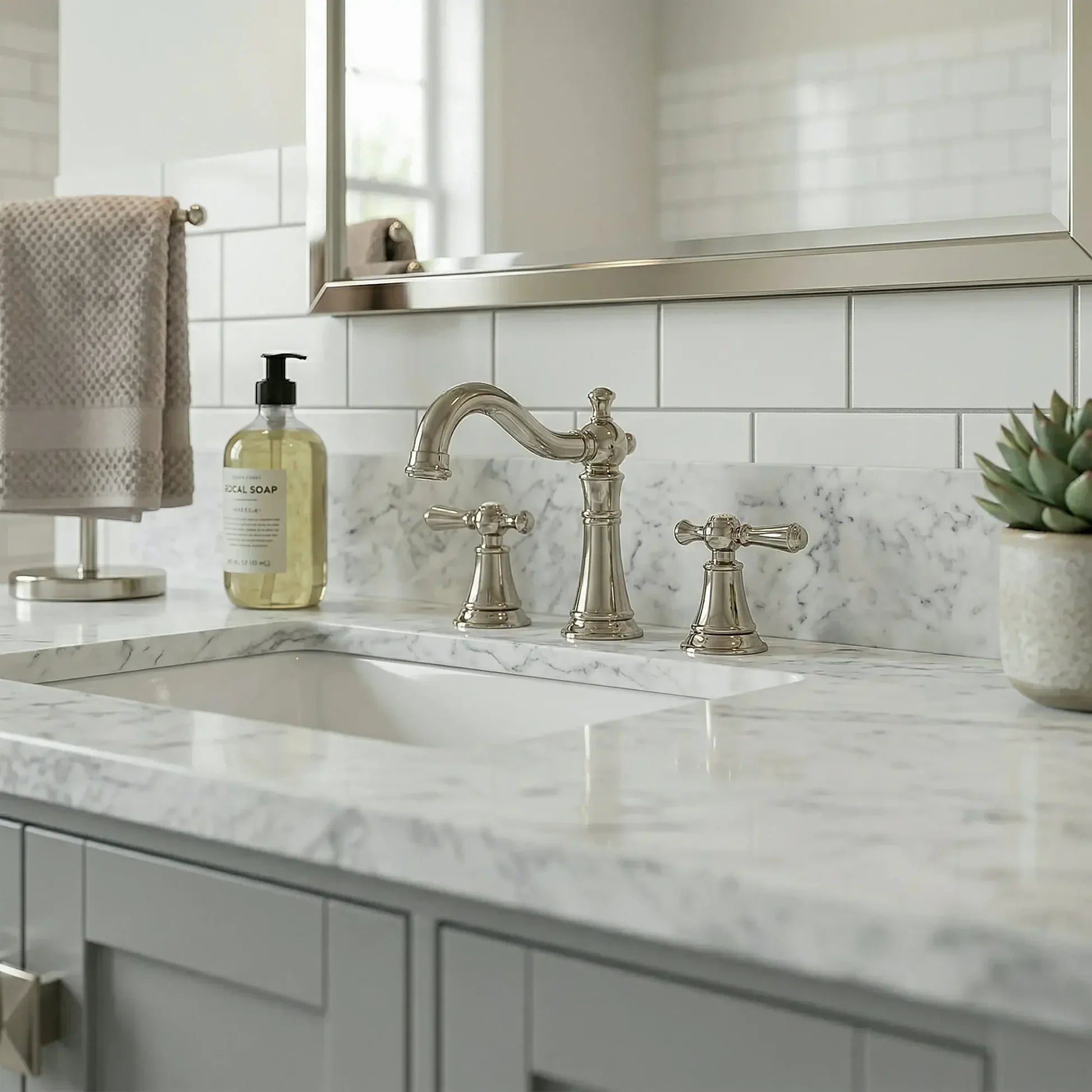 Bathroom Vanities and White Carrara Marble Vanity Top with Rectangular Undermount Bowls