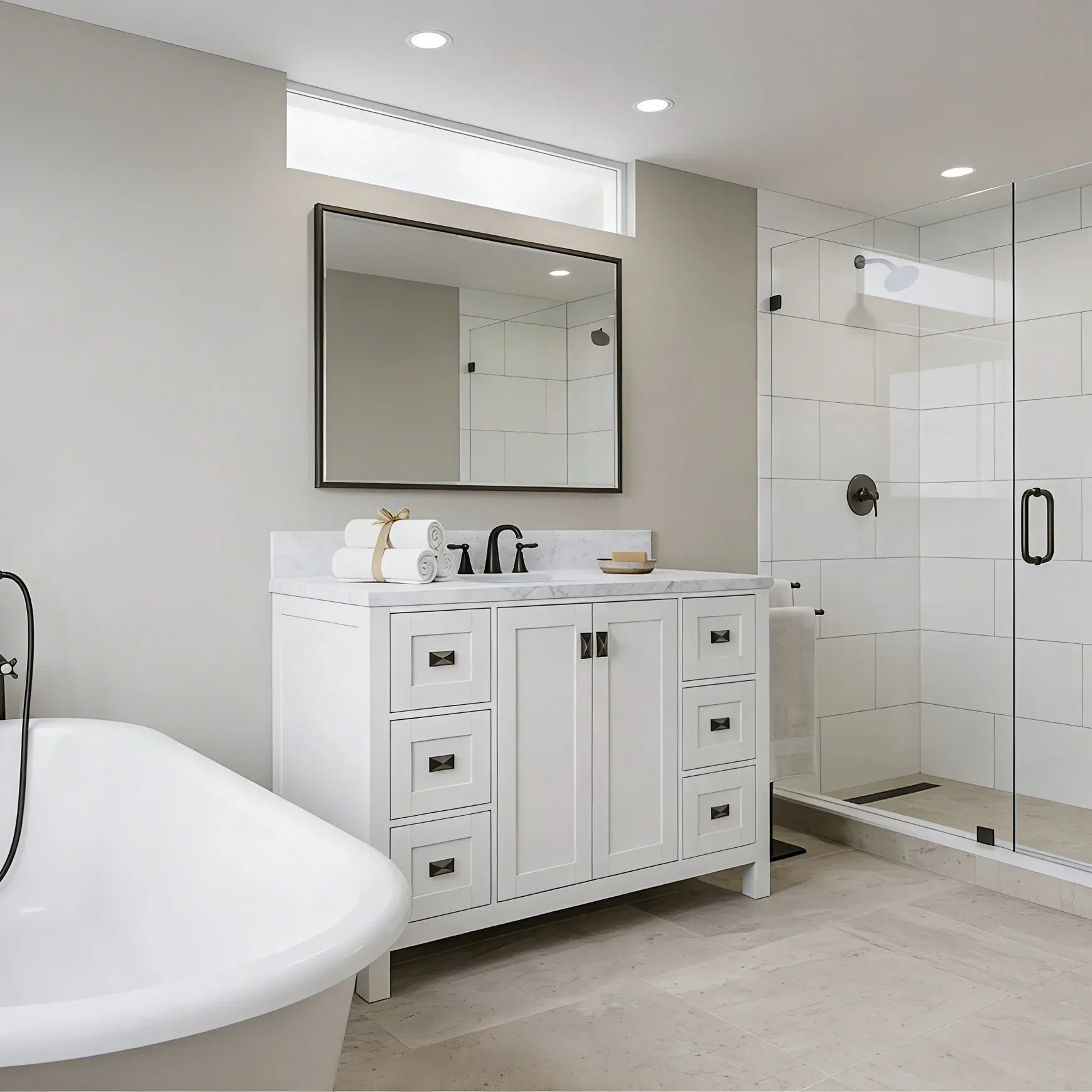 Bathroom Vanities and White Carrara Marble Vanity Top with Rectangular Undermount Bowls