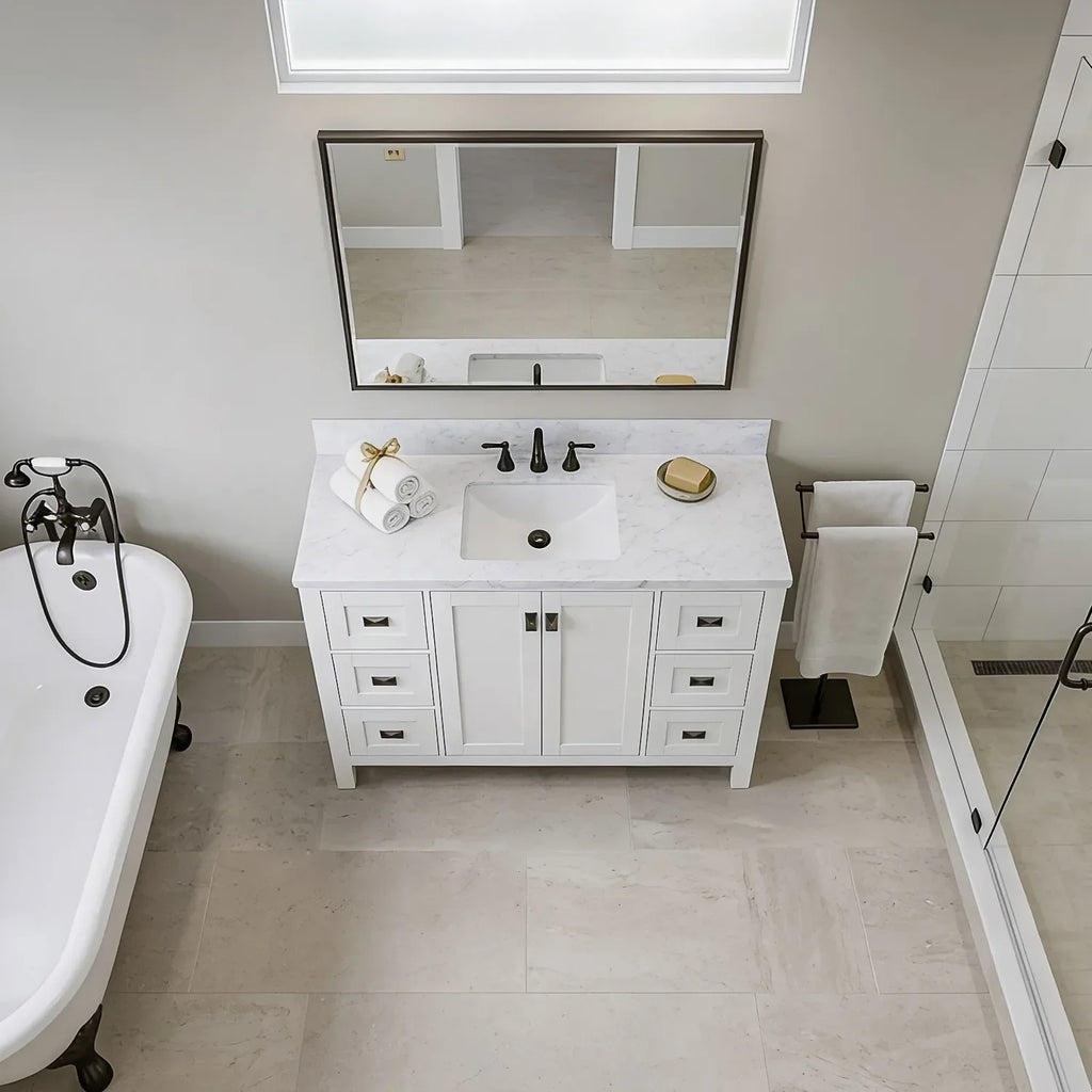 Bathroom Vanities and White Carrara Marble Vanity Top with Rectangular Undermount Bowls