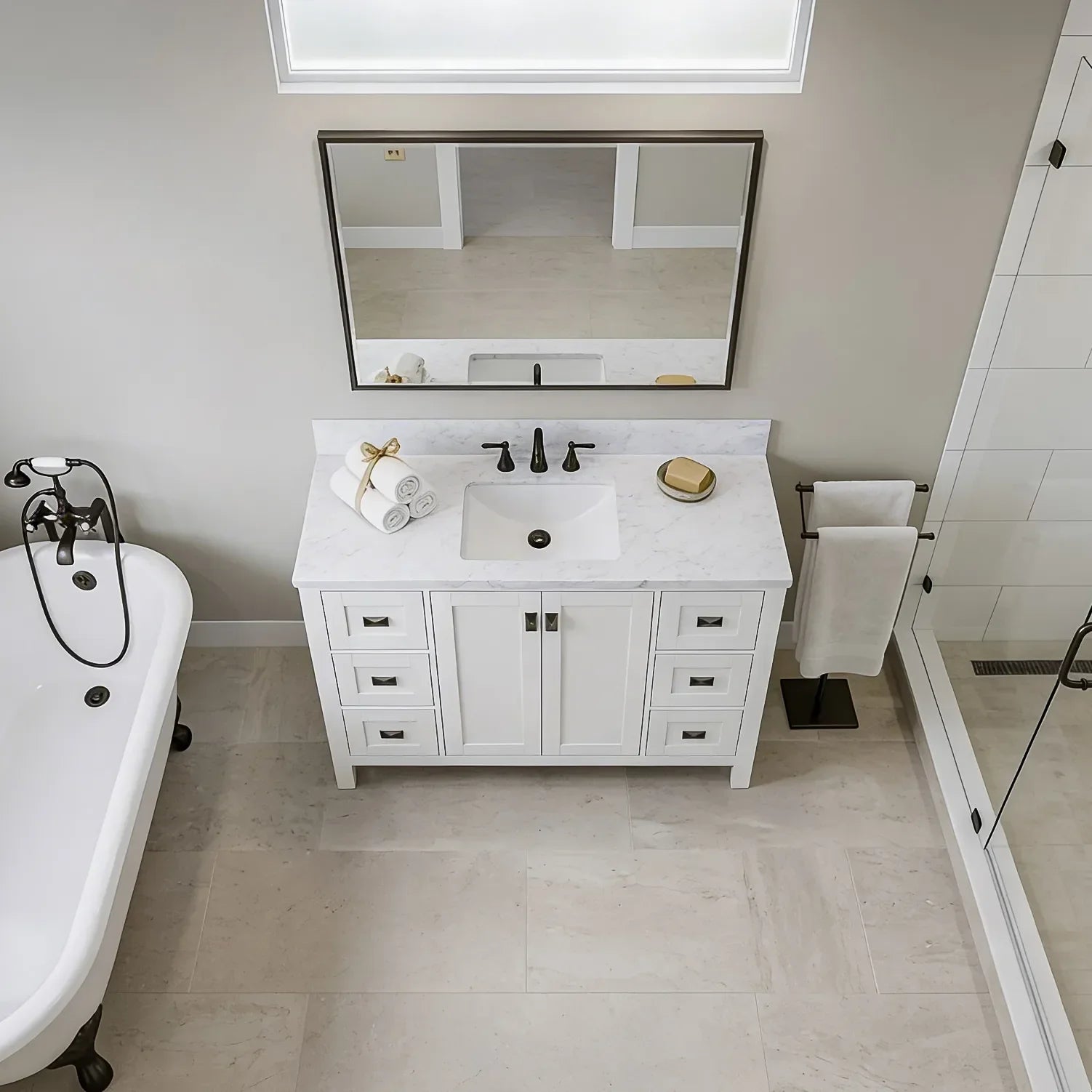 Bathroom Vanities and White Carrara Marble Vanity Top with Rectangular Undermount Bowls