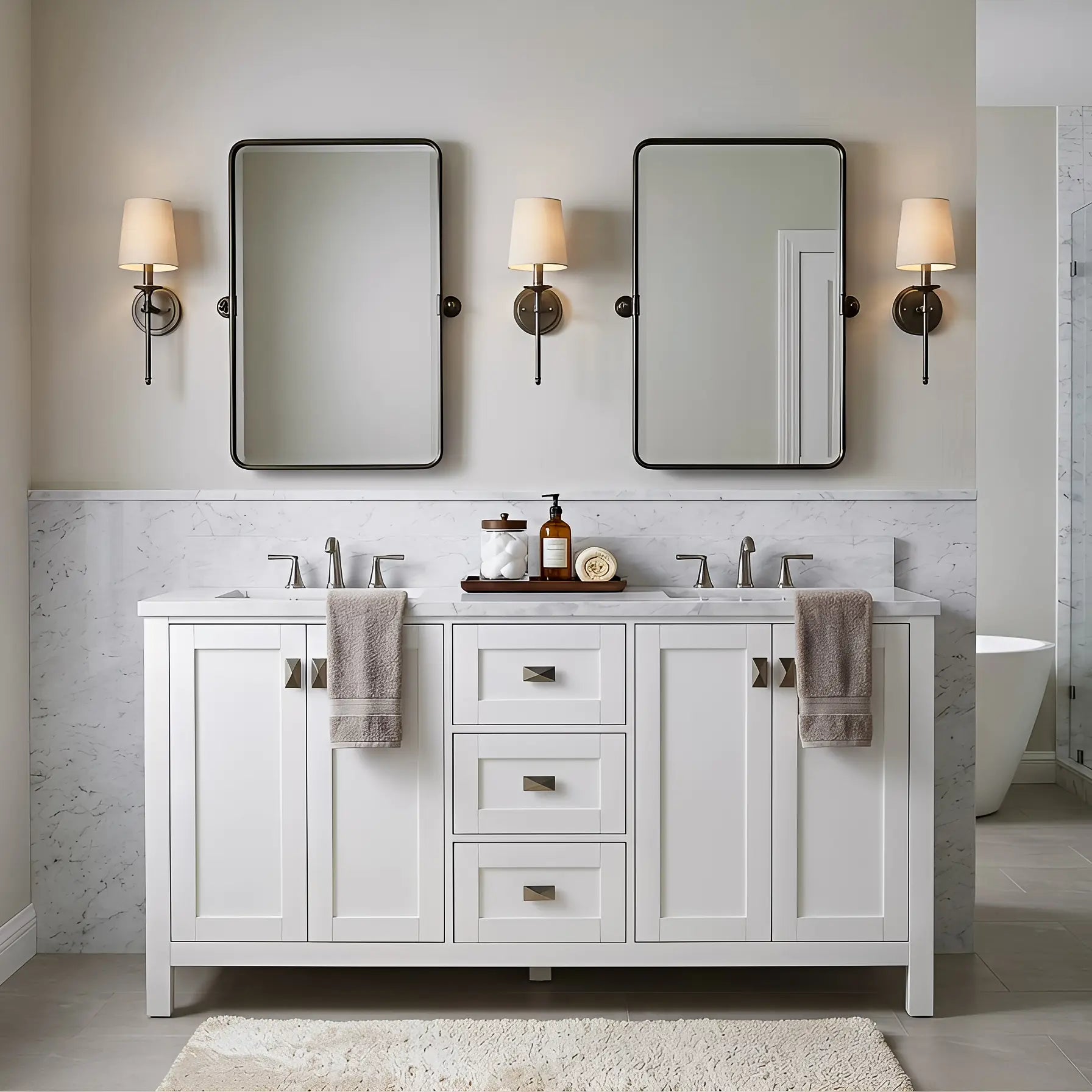 Bathroom Vanities and White Carrara Marble Vanity Top with Rectangular Undermount Bowls