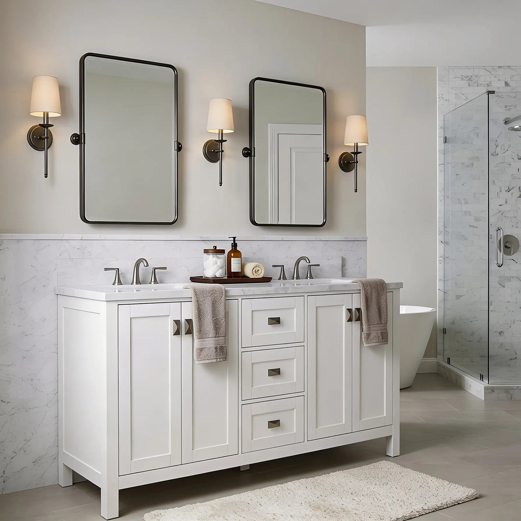 Bathroom Vanities and White Carrara Marble Vanity Top with Rectangular Undermount Bowls