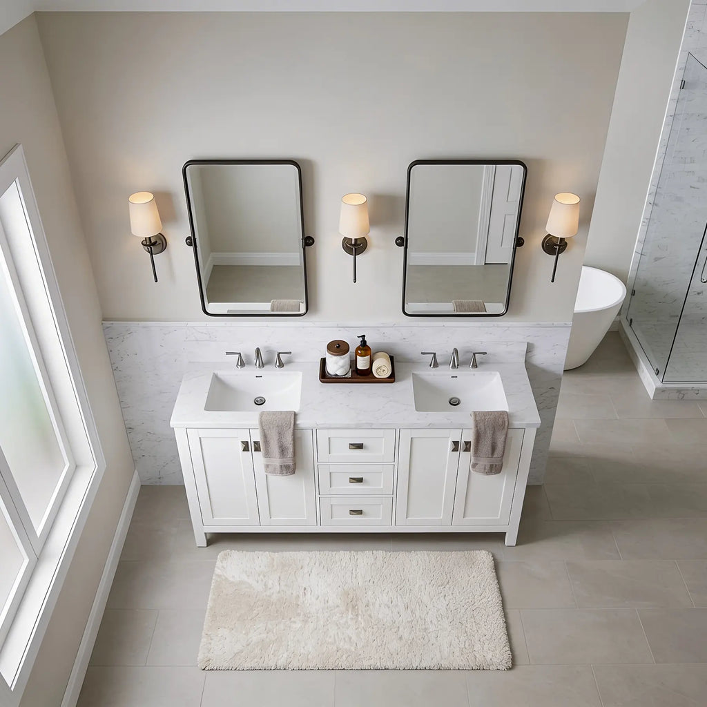 Bathroom Vanities and White Carrara Marble Vanity Top with Rectangular Undermount Bowls