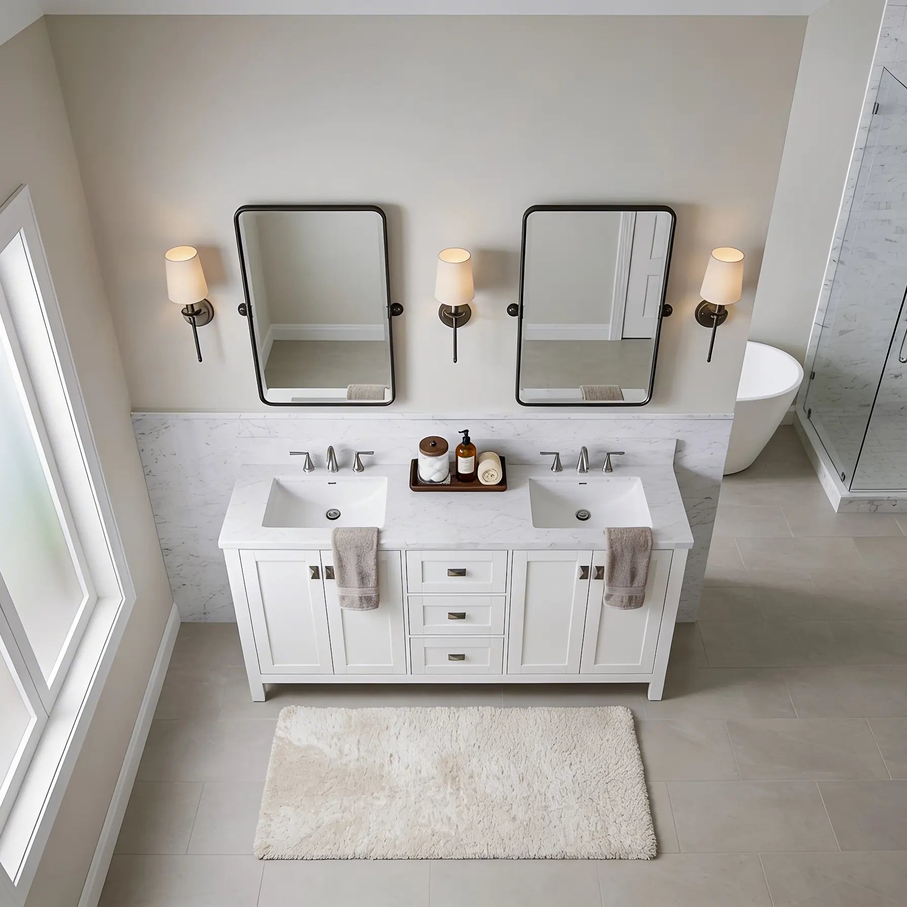 Bathroom Vanities and White Carrara Marble Vanity Top with Rectangular Undermount Bowls