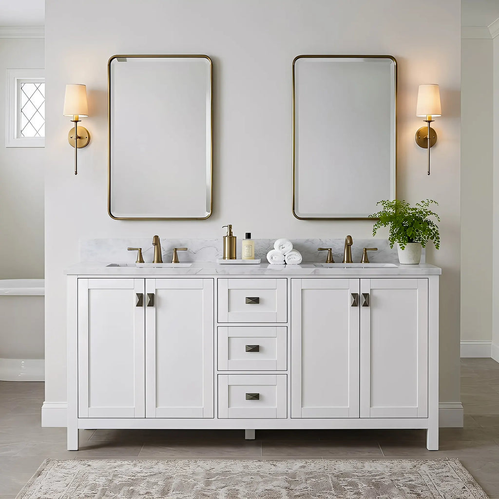 Bathroom Vanities and White Carrara Marble Vanity Top with Rectangular Undermount Bowls