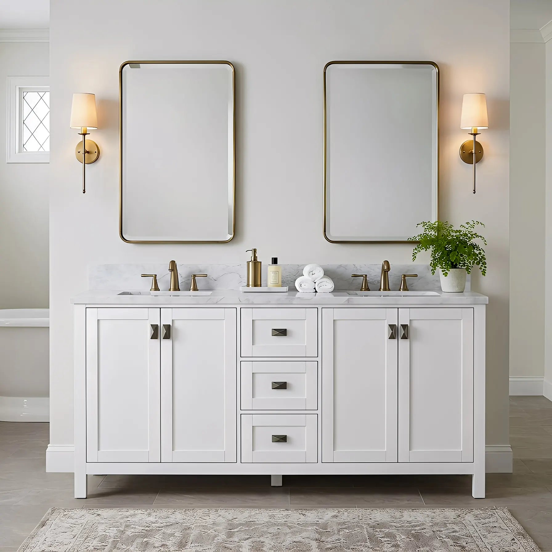 Bathroom Vanities and White Carrara Marble Vanity Top with Rectangular Undermount Bowls