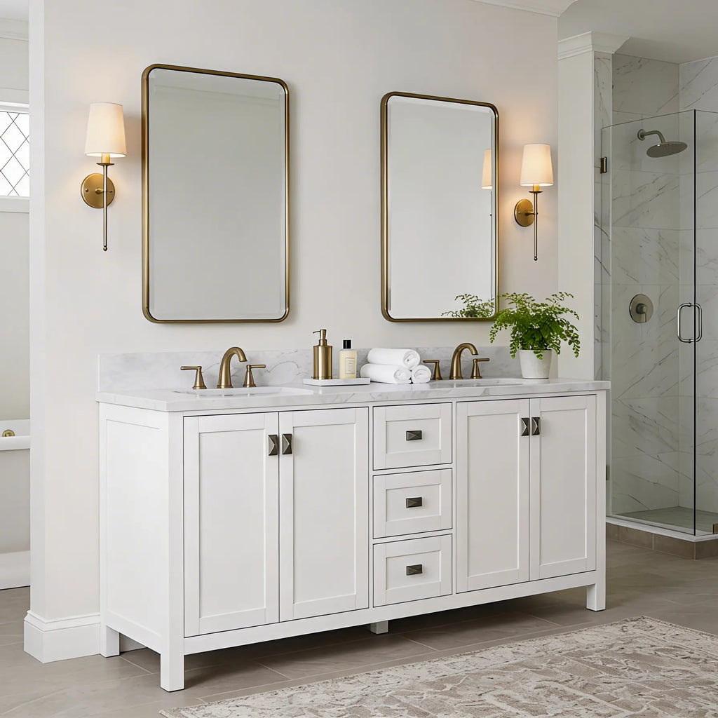 Bathroom Vanities and White Carrara Marble Vanity Top with Rectangular Undermount Bowls