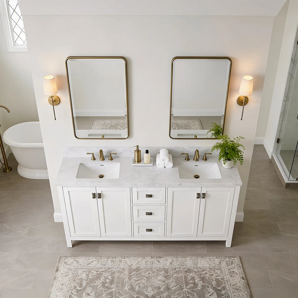 Bathroom Vanities and White Carrara Marble Vanity Top with Rectangular Undermount Bowls