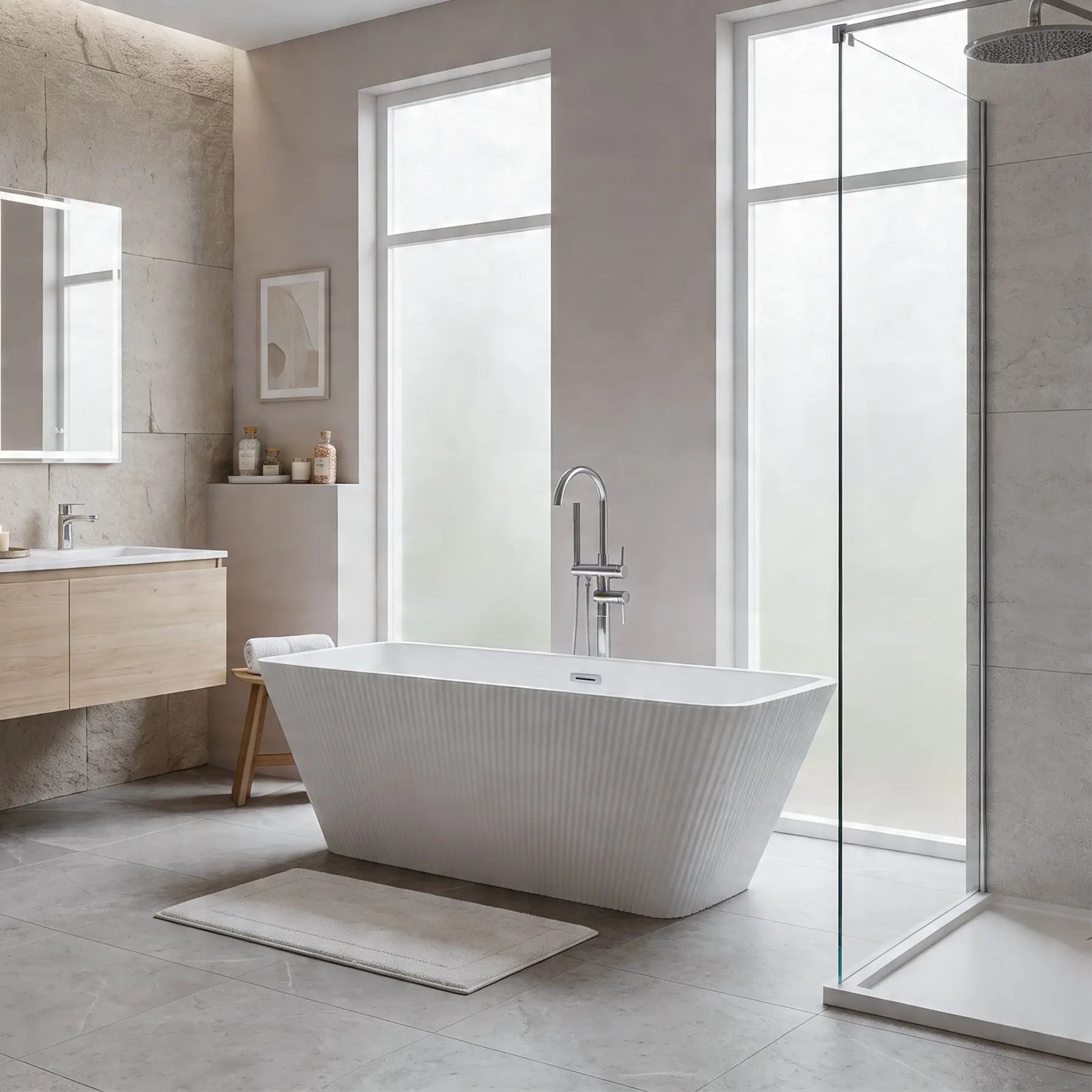 White Fluted Freestanding Acrylic Bathtub