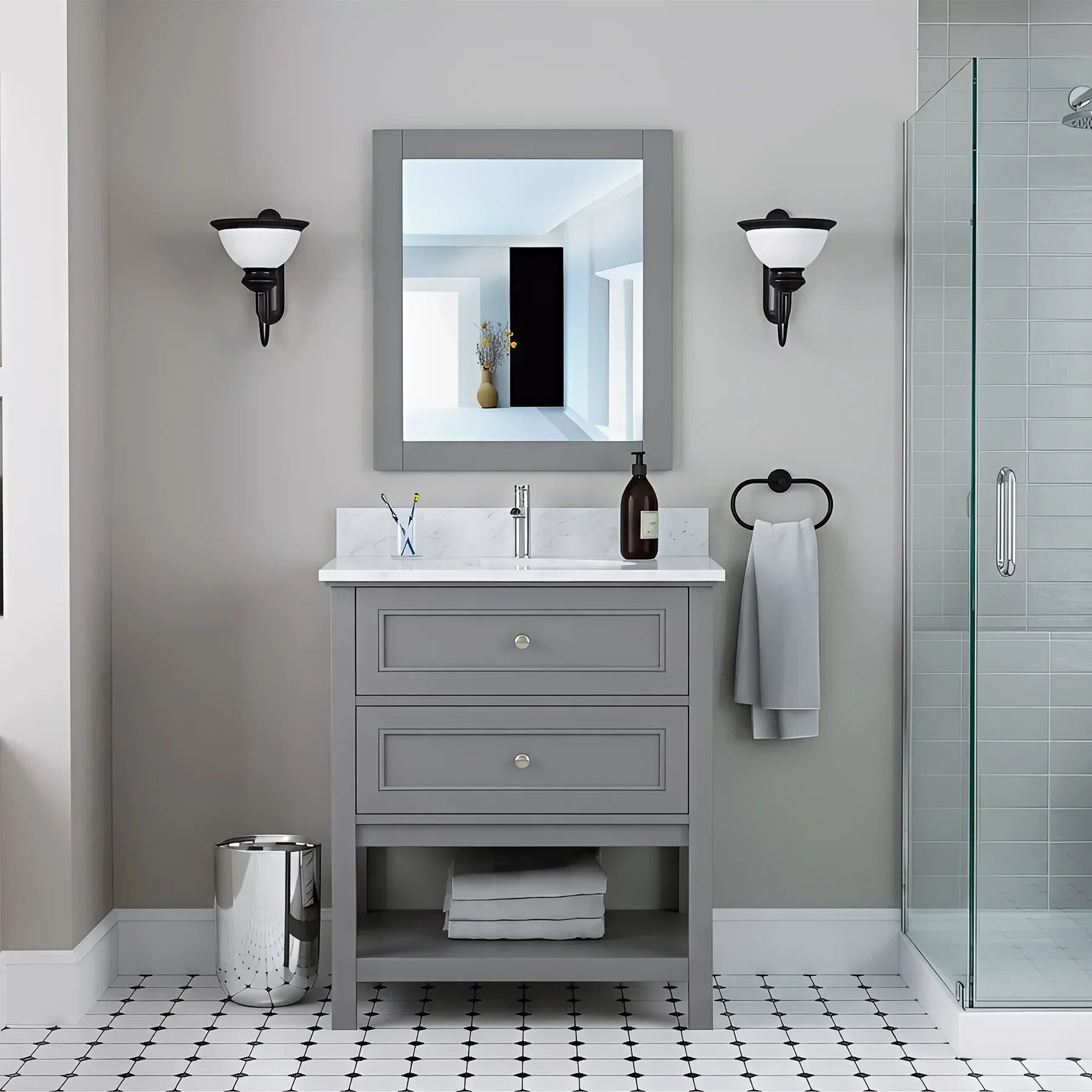 Vanity In Gray With Ceramic Vanity Top