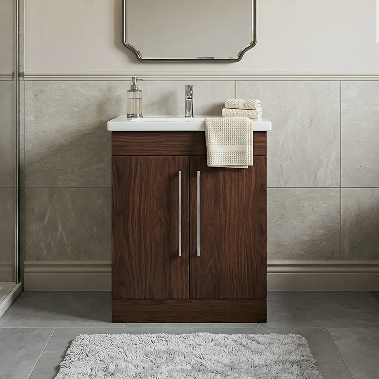 Vanity in Deep Peach Wood Finish with Ceramic Vanity Top